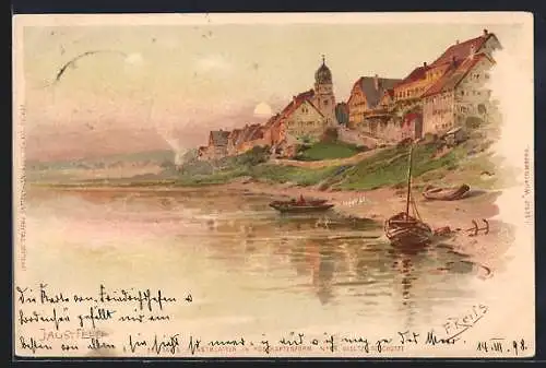 Künstler-AK Jagstfeld, Panorama mit See und Booten