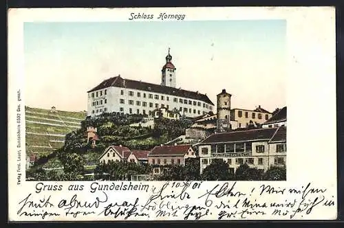 Goldfenster-AK Gundelsheim, Das Schloss Hornegg mit leuchtenden Fenstern