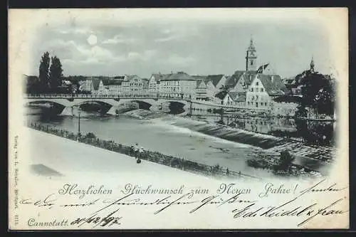 Mondschein-AK Cannstatt, Ortsansicht am Fluss