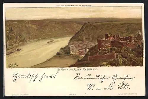 Künstler-AK Carl Biese: St. Goar, Panorama mit Ruine Rheinfels