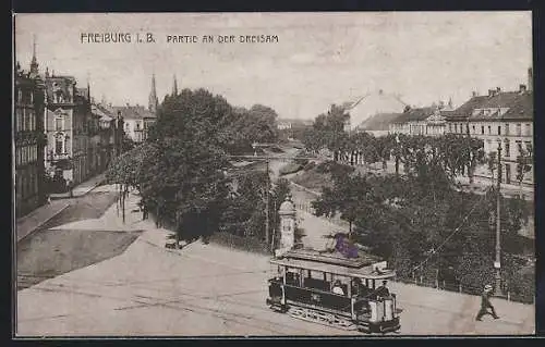 AK Freiburg i. B., Strassenbahn an der Dreisam