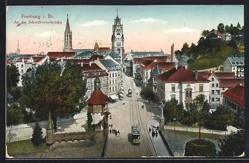 AK Freiburg i. Br., Strassenbahn an der Schwabentorbrücke