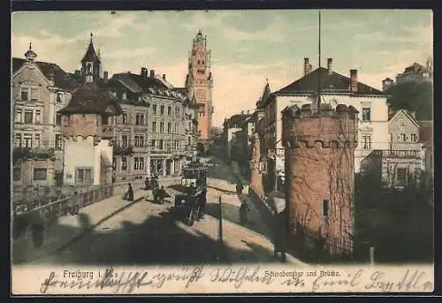 AK Freiburg i. B., Strassenbahn zwischen Schwabenthor und Brücke