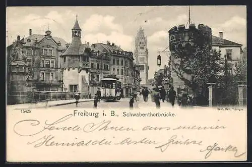 AK Freiburg i. B., Strassenbahn an der Schwabenthorbrücke