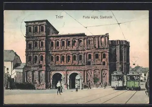 AK Trier, Porta nigra, Stadtseite, Strassenbahn