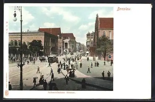 AK Breslau, Schweidnitzer Strasse mit Strassenbahn