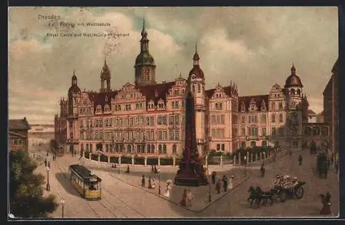 AK Dresden, Strassenbahn am Königlichen Schloss, mit Wettinsäule-Monument