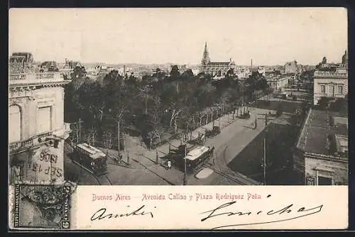 AK Buenos Aires, Avenida Callao y Plaza Rodriguez Pena, Strassenbahn