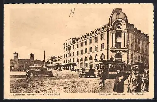 AK Bukarest, Gare du Nord, Strassenbahn