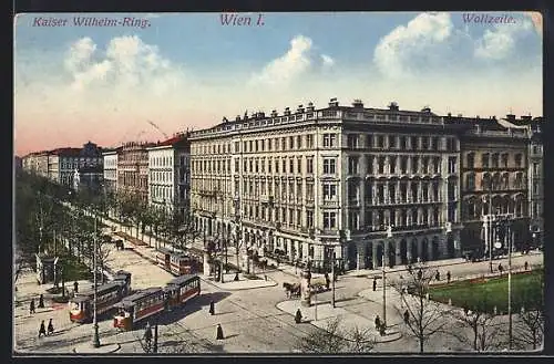 AK Wien, Kaiser Wilhelm-Ring mit Strassenbahnen aus der Vogelschau