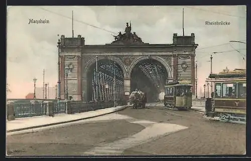 AK Mannheim, Strassenbahnen auf der Rheinbrücke, Pferdegespann