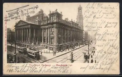 AK Manchester, The Royal Exchange, Strassenbahn