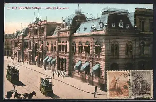 AK Buenos Aires, Strassenbahnen in Fahrt, Casa de Gobierno