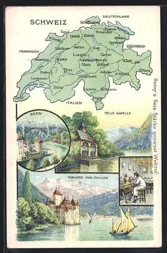 AK Bern, Ortsansicht, Landkarte der Schweiz, Château de Chillon, Chapelle de Tell