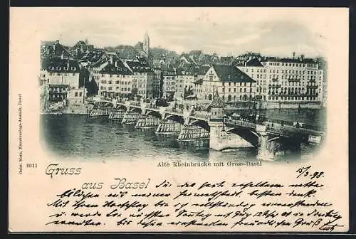 AK Basel, Alte Rheinbrücke mit Gross-Basel