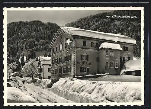 AK Churwalden, Hotel Post im Winter