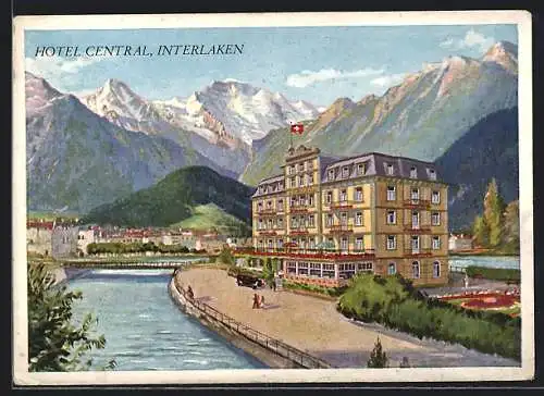 Künstler-AK Interlaken, Das Hotel Central im Bergpanorama