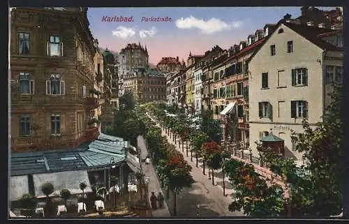 AK Karlsbad, Parkstrasse mit Restaurant