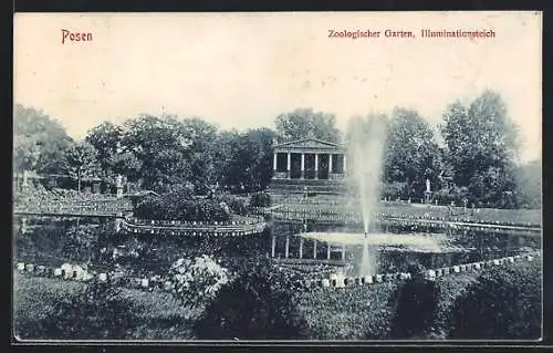 AK Posen / Poznan, Zoologischer Garten, Illuminationstempel und grosser Teich