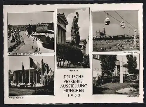 AK München, Deutsche Verkehrs-Ausstellung 1953, Zufahrt zum Ausstellungsgelände, die Bergbahn, Lilliputbahn, Kongresshall