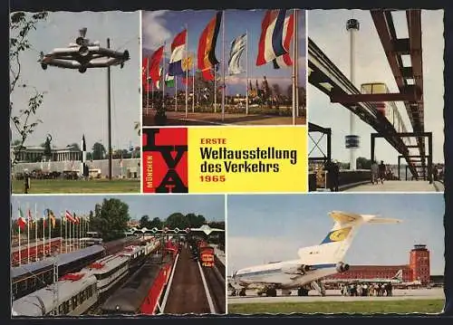 AK München, Erste Weltausstellung des Verkehrs 1965, Ausstellungsbahnhof, Einschienenbahn mit Aussichtsturm