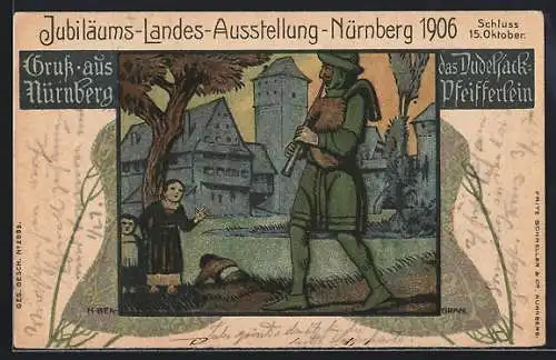 Künstler-AK Nürnberg, Jubiläums-Landes-Ausstellung 1906, Das Dudelsack-Pfeifferlein