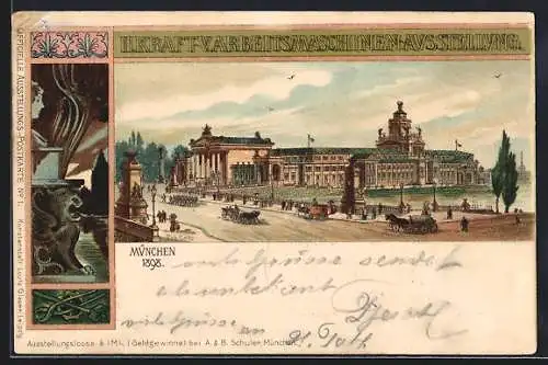 Lithographie München, II. Kraft- V. Arbeitsmaschinen-Ausstellung 1898, Strassenpartie