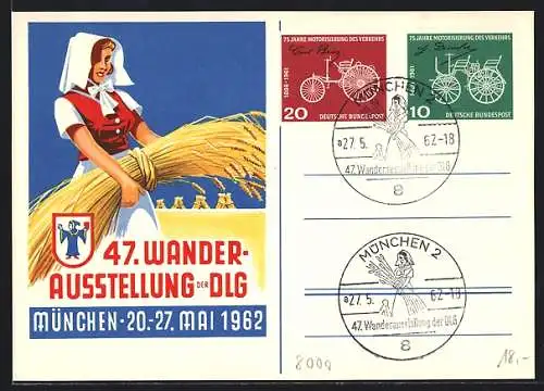 AK München, 47. Wanderausstellung der DLG 1962, Bäuerin mit Getreidebündel, Wappen