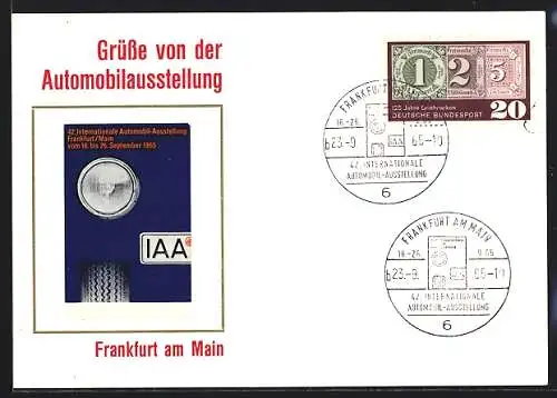 AK Frankfurt a. Main, 42. Internationale Automobil-Ausstellung 1965, Autoscheinwerfer, Reifen und Nummernschild