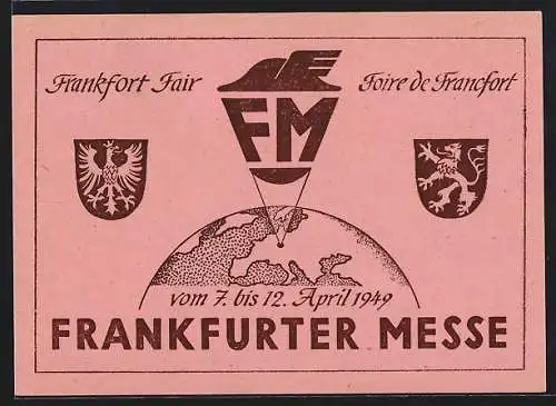 AK Frankfurt, Frankfurter Messe 1949, Wappen, Weltkugel