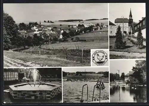 AK Langgrün /Schleiz, Brunnen, Freibad, Gesamtansicht