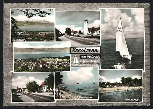 AK Kressbronn /Bodensee, Strassenpartie mit Kirche, Strandbad, Ortsansicht