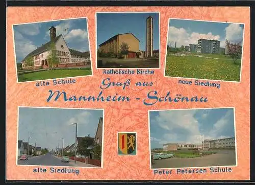 AK Mannheim-Schönau, alte Schule, Kath. Kirche, neue Siedlung, alte Siedlung