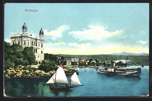 AK Abbazia, Teilansicht mit Dampfschiff und Segelboot