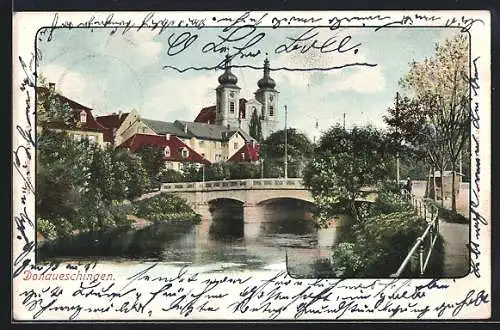 AK Donaueschingen, Brückenpartie mit Blick nach der Kirche