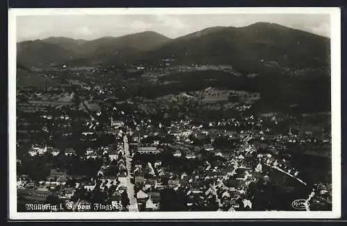 AK Müllheim i. B., Ortsansicht mit Bergen, Fliegeraufnahme