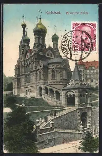 AK Karlsbad, Russische Kirche mit Treppenaufgang aus der Vogelschau