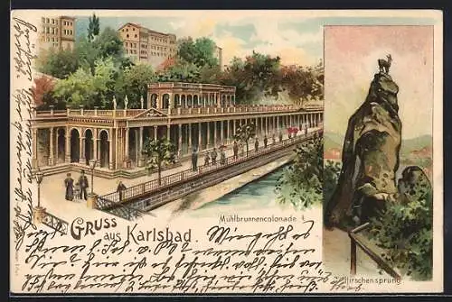 Lithographie Karlsbad, Hirschensprung, Mühlbrunnencolonade