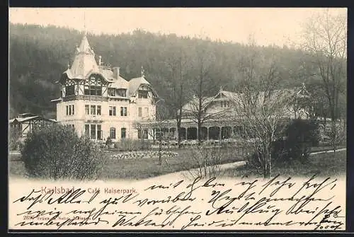 AK Karlsbad, Cafe Kaiserpark mit Anlagen und Nebengebäuden