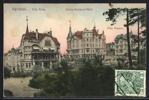 AK Karlsbad, Panorama mit Villa Silva, Savoy-Westend-Hotel und Villa Klemm