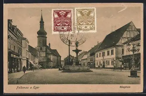 AK Falkenau a. Eger, Ringplatz mit Brunnen und Kirche