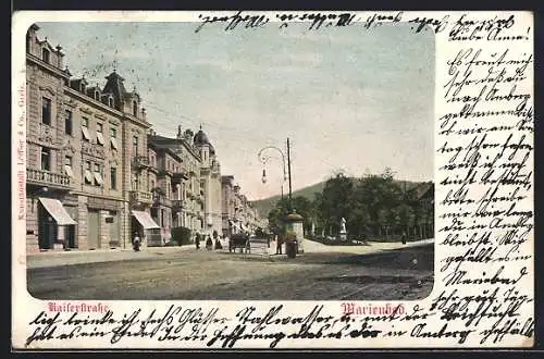 AK Marienbad, Strassenecke in der Kaiserstrasse, Litfasssäule