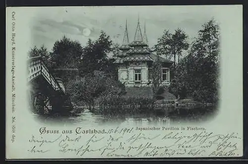 Mondschein-AK Carlsbad, Fischern, Japanischer Pavillon