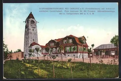 AK Gablonz a. N., Schwarzbrunnenwarte, Gasthaus und Turm