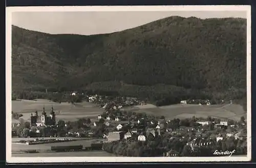 AK Haindorf, Ortsansicht mit Gebirgsblick aus der Vogelschau