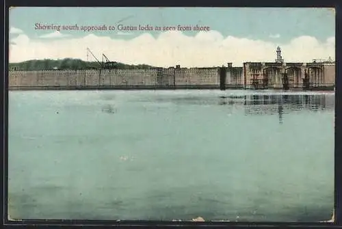 AK Panama Canal, Showing South approach to Gatun locks as seen from shore