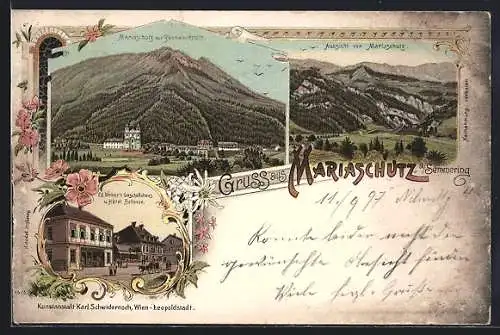 Lithographie Mariaschutz am Semmering, Hotel Bellevue, Ortsansicht