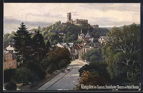 Künstler-AK Königstein / Taunus, Blick in die Frankfurter Strasse mit Hotel Bender u. Schloss