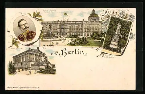 Lithographie Berlin, Blick zum Stadtschloss, Nationalgalerie, Denkmal Königin Luise & Kaiser Wilehlm II.