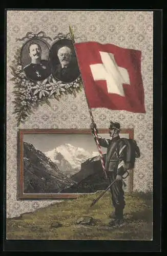 AK Kaiser Wilhelm II. Besuch in der Schweiz, Portrait Wilhelm II. & Präsident Ludwig Forrer, Soldat mit Flagge